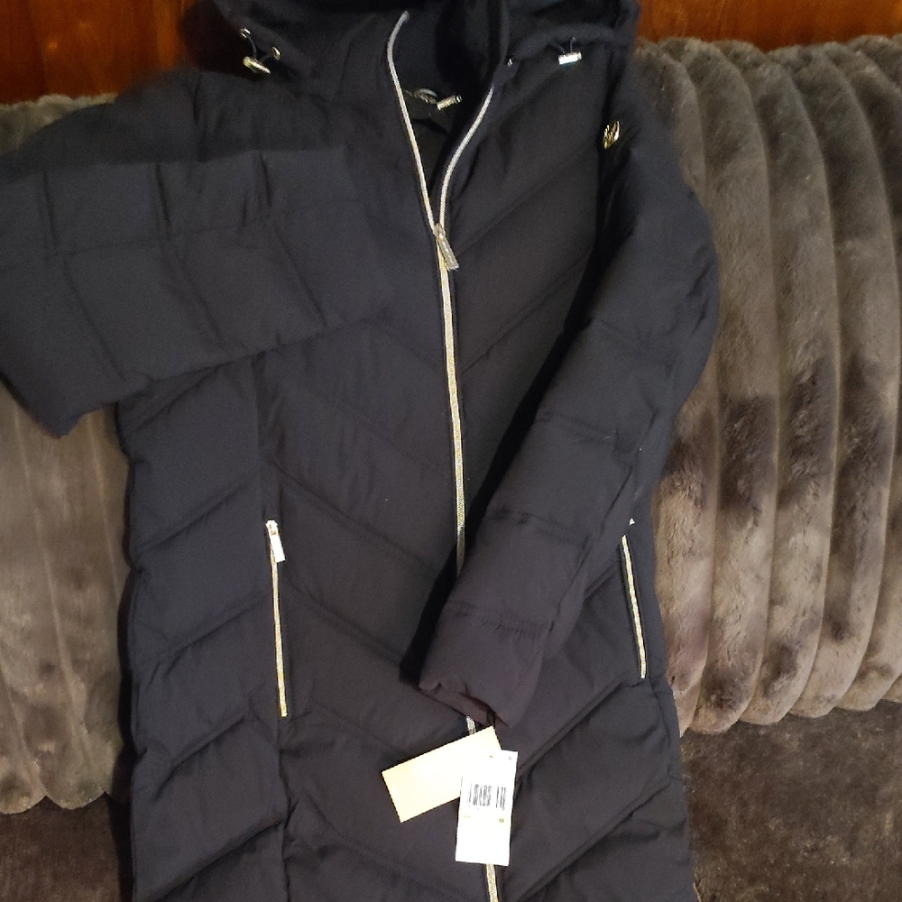 Michael Kors Black Puffer Coat with Gold Accents, 3/4 Length New With Tags